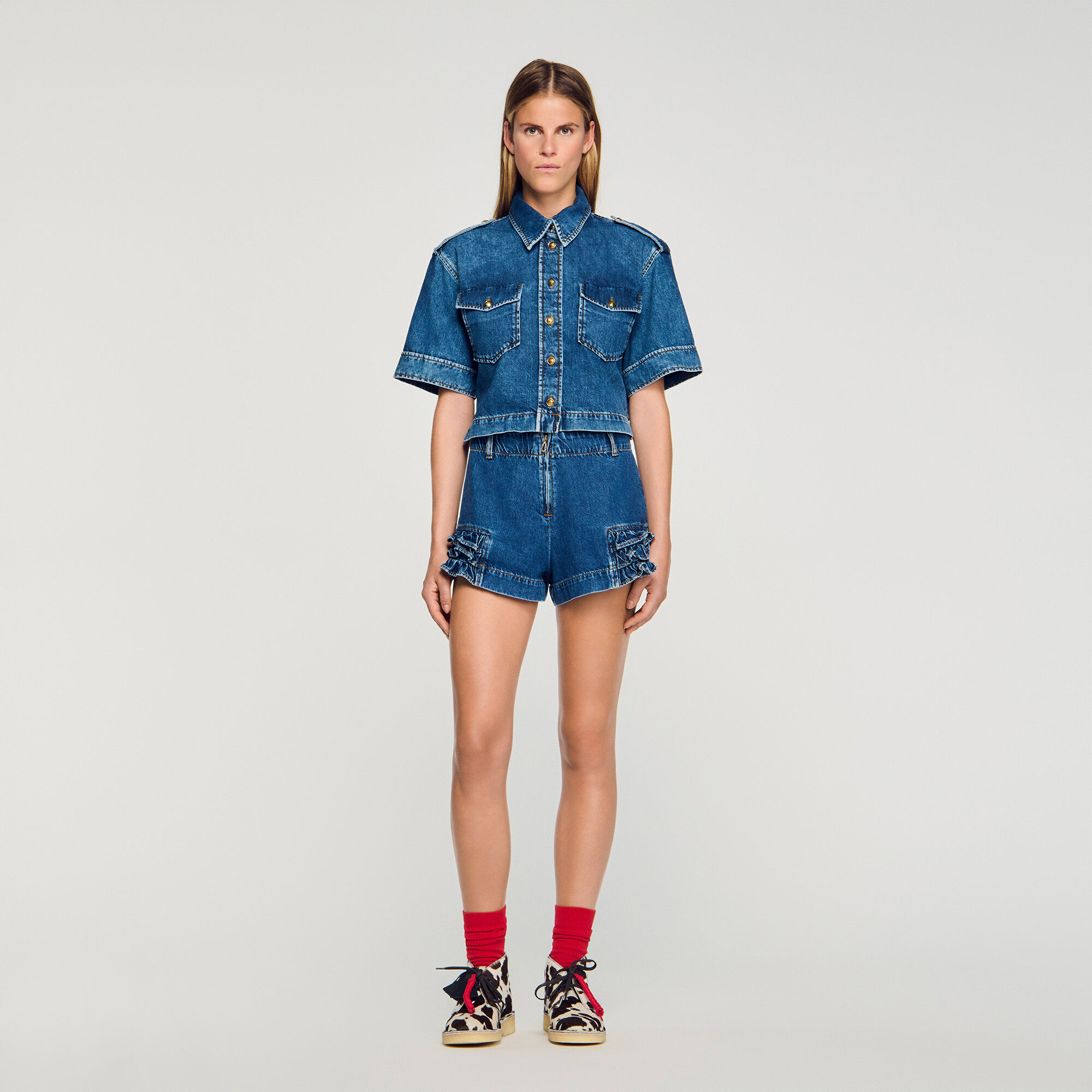 Shorts aus Denim mit Volants
