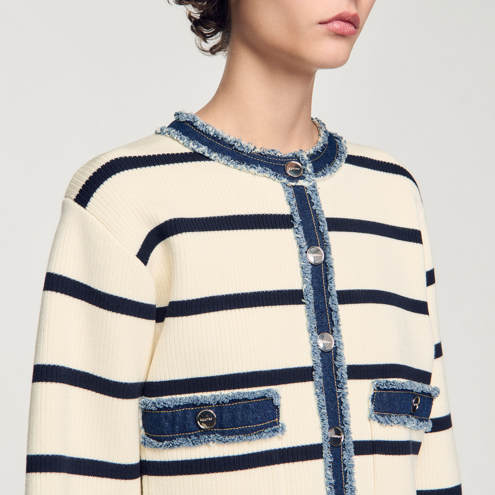 Streifen-Cardigan mit Denim-Details