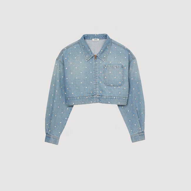 Jeansjacke mit Strass und Perlen