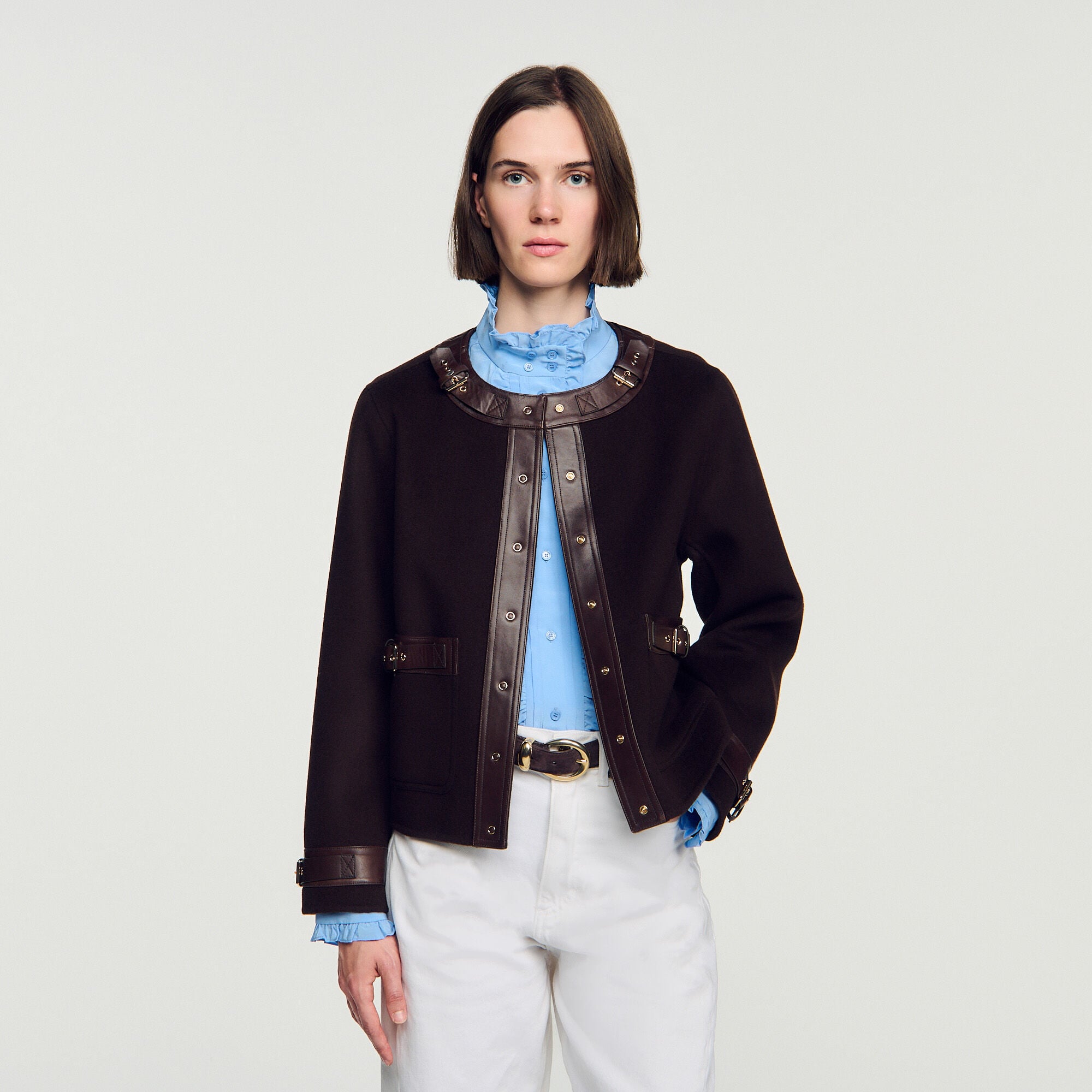 Kurzer Mantel mit Lederdetails - Damen | Sandro