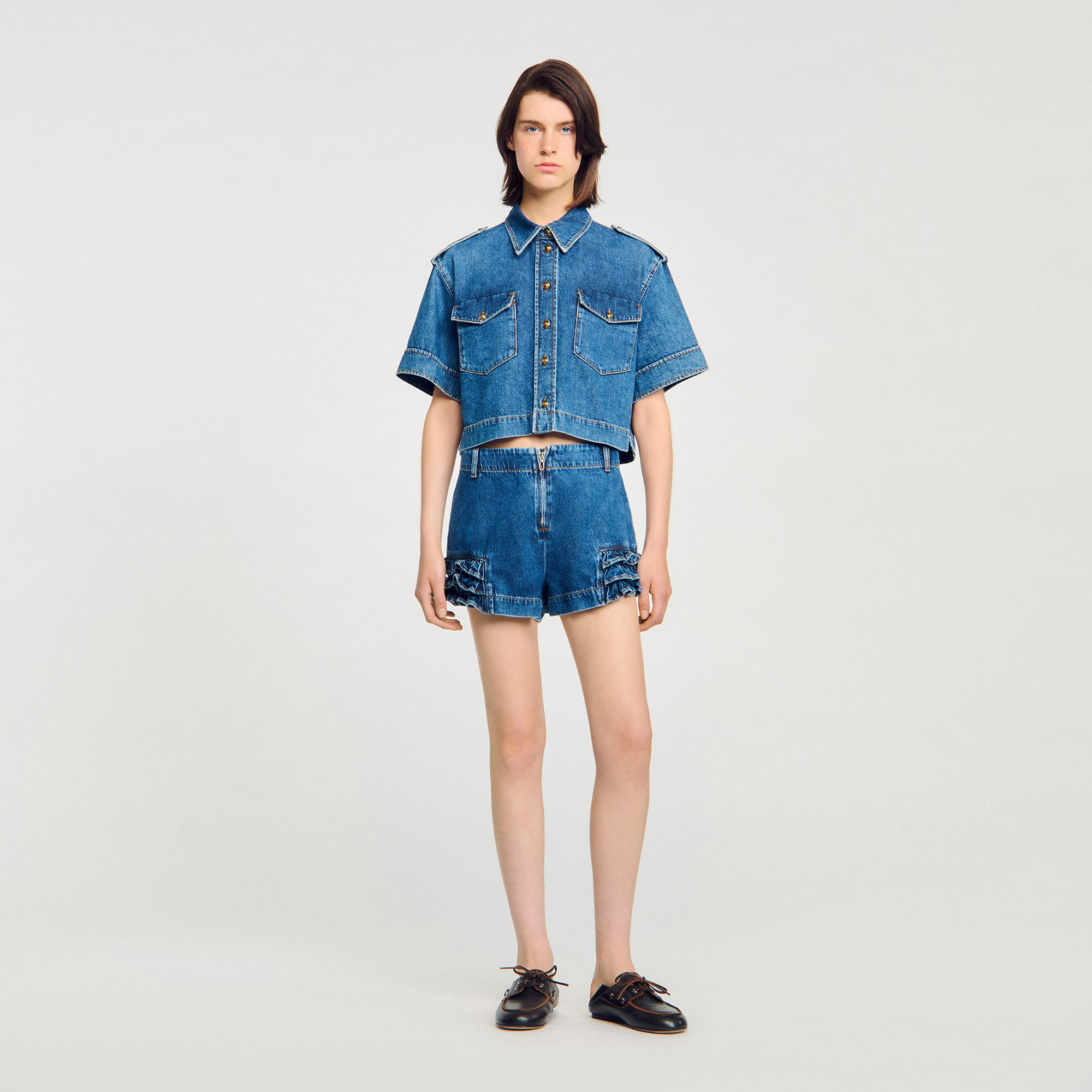 Shorts aus Denim mit Volants