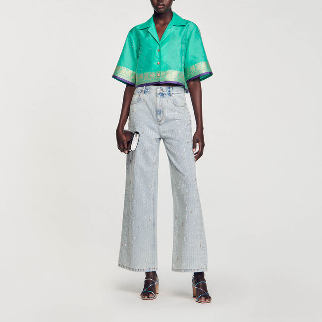 Kurze Hemdbluse aus Jacquard mit Strass