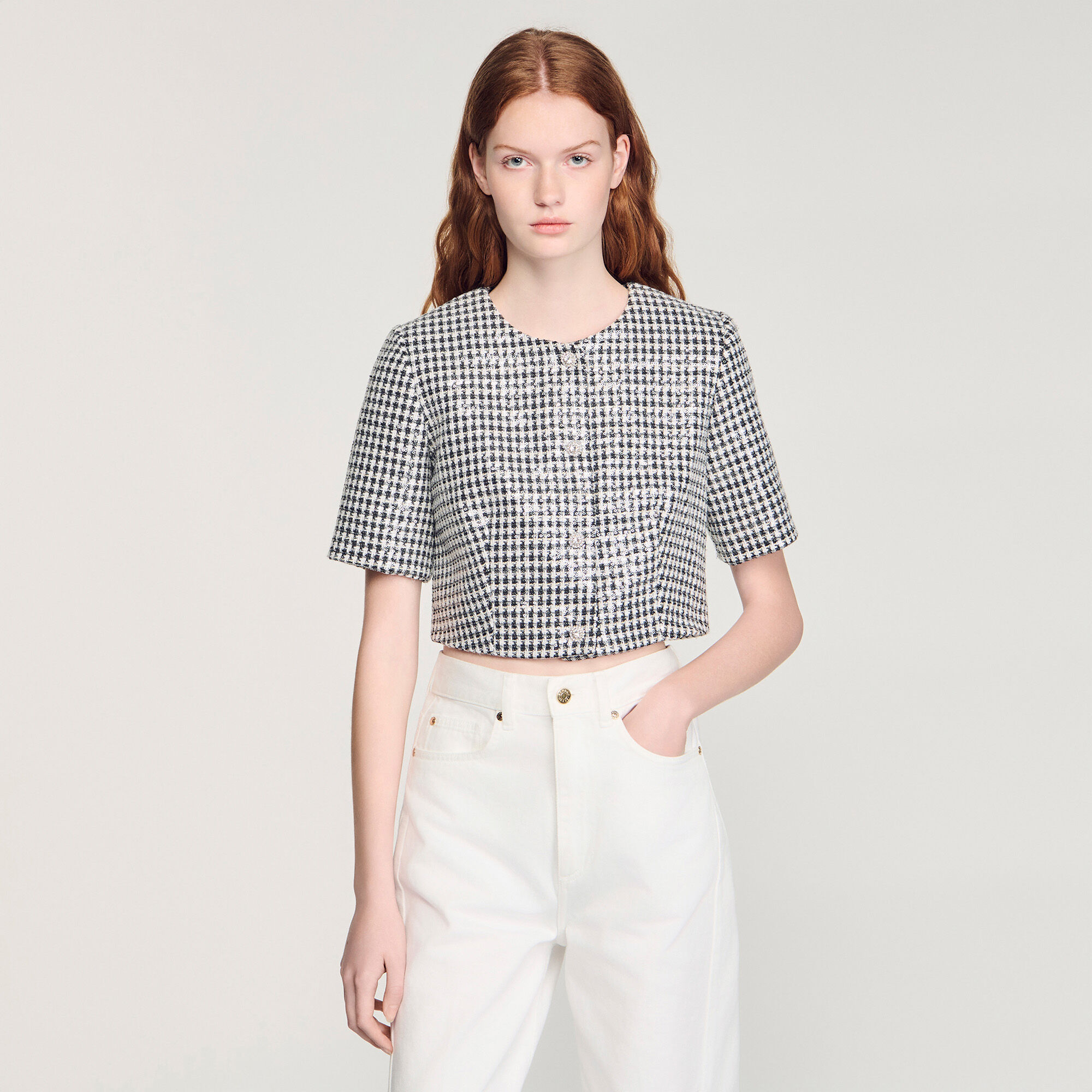 Kurze Tweedjacke mit Hahnentritt