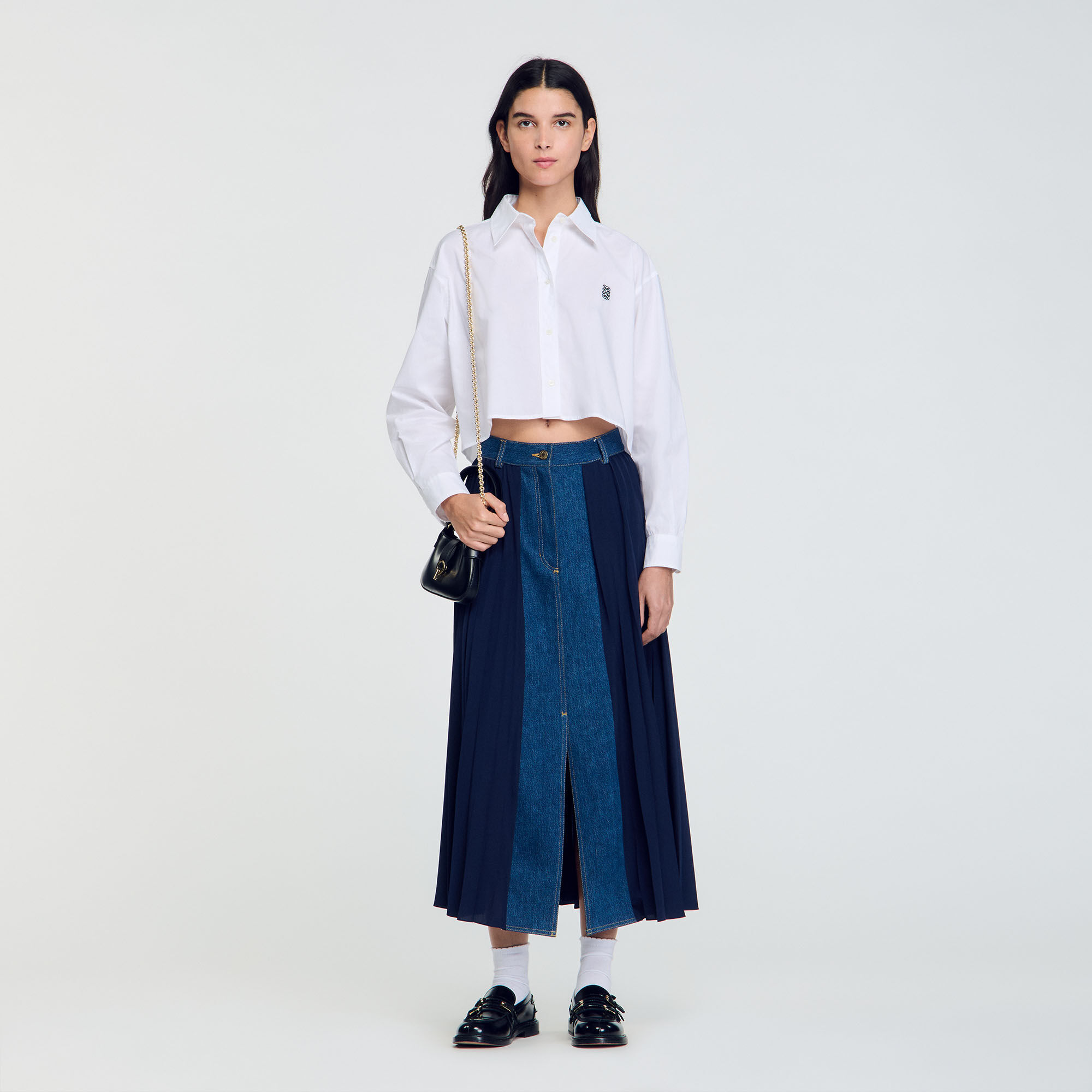Rock aus Denim Materialmix mit Plissee