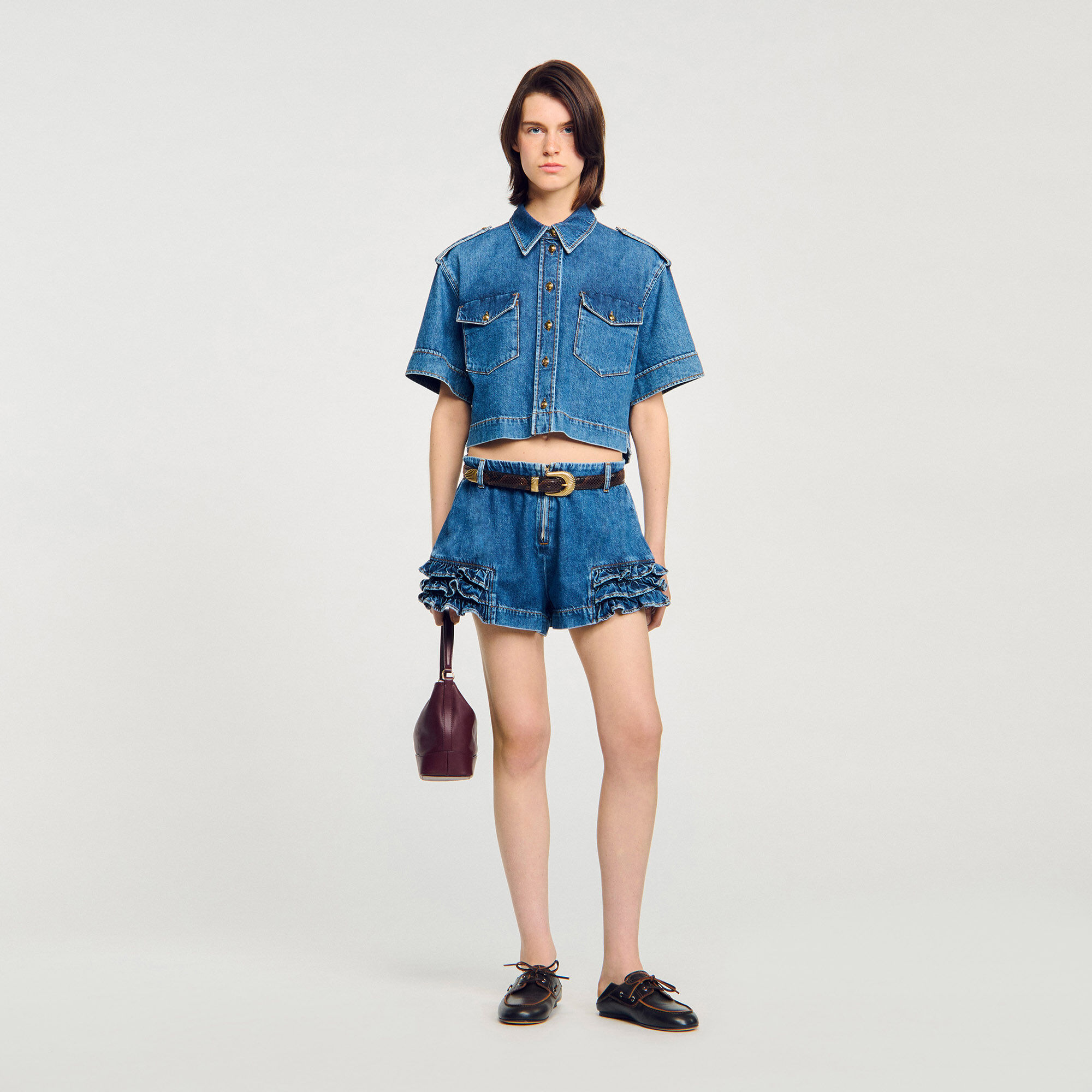 Shorts aus Denim mit Volants
