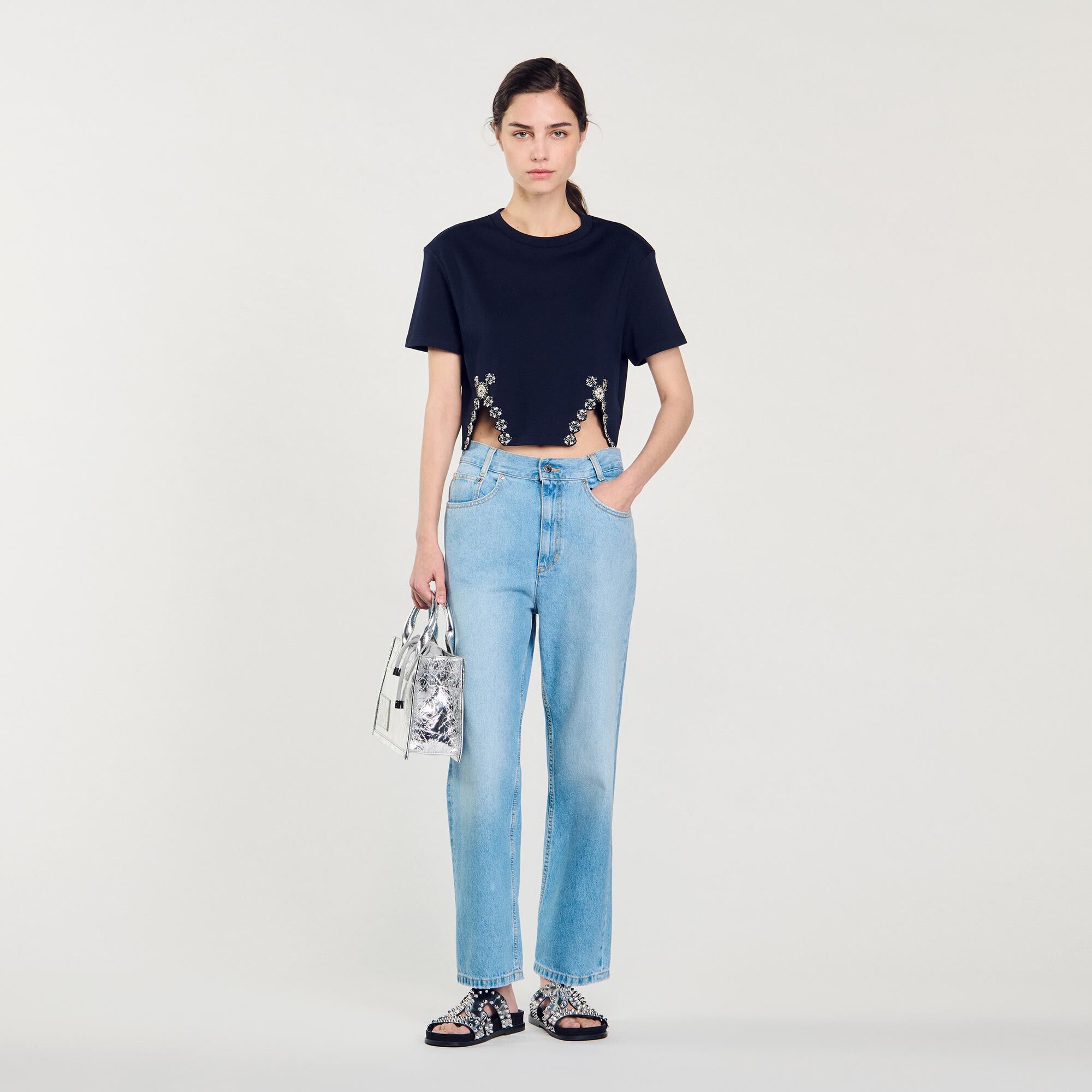 Kurzes T Shirt mit Strass Verzierung blau fur Damen Sandro Paris