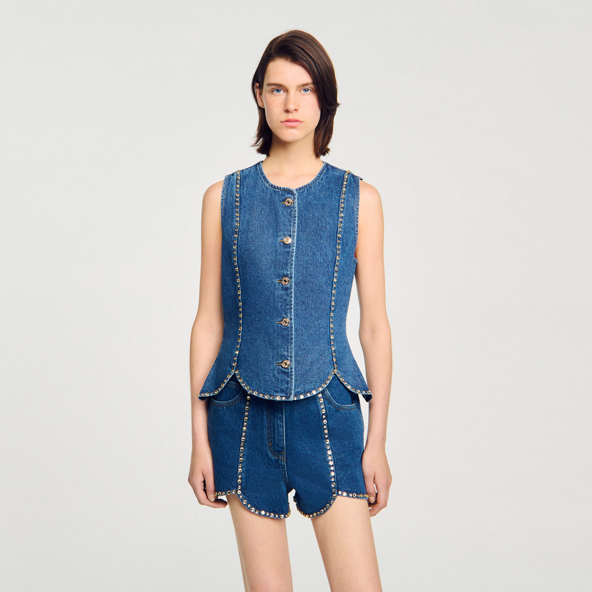 Top aus Denim mit Strass