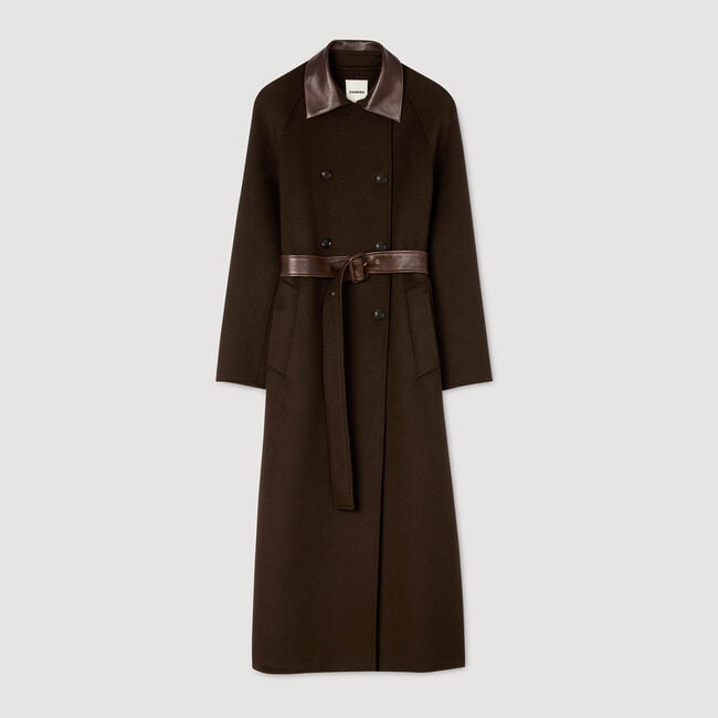 Langer Mantel aus Wolle und Leder