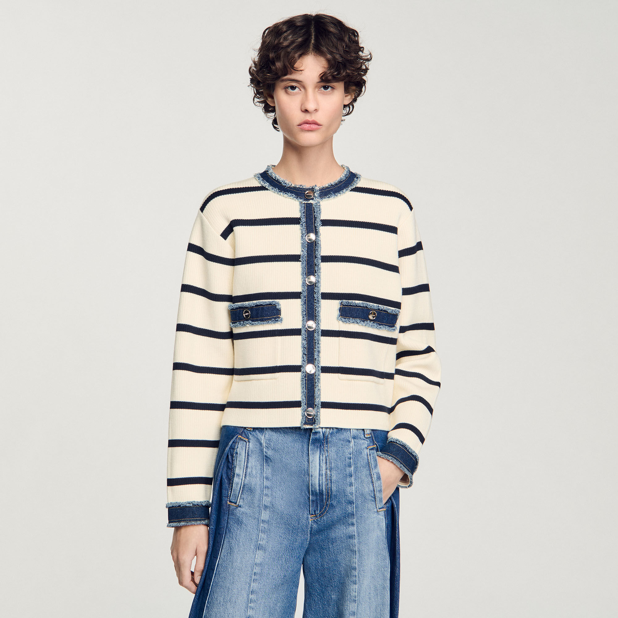 Streifen-Cardigan mit Denim-Details
