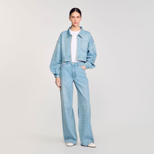 Jeansjacke mit Strass und Perlen