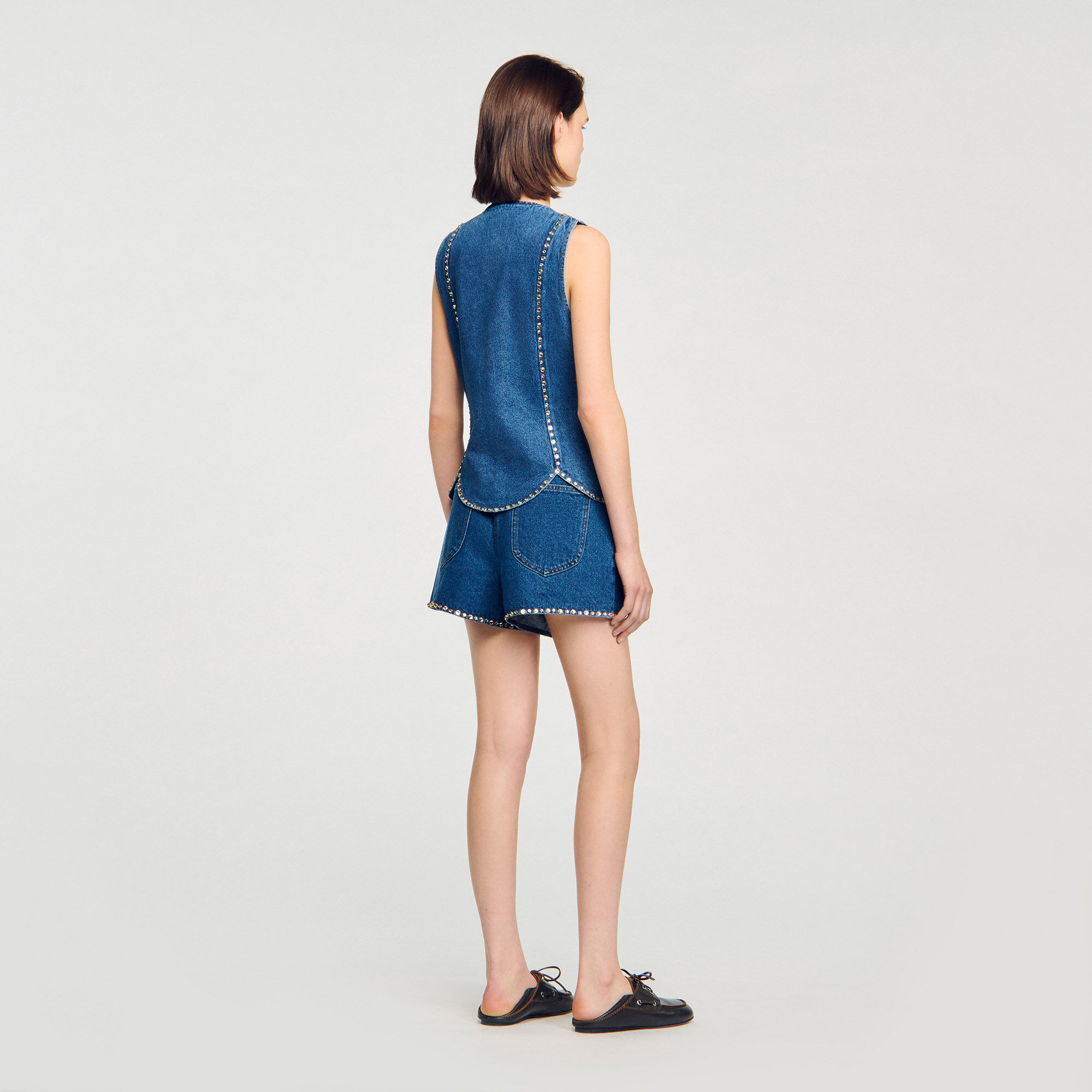 Top aus Denim mit Strass