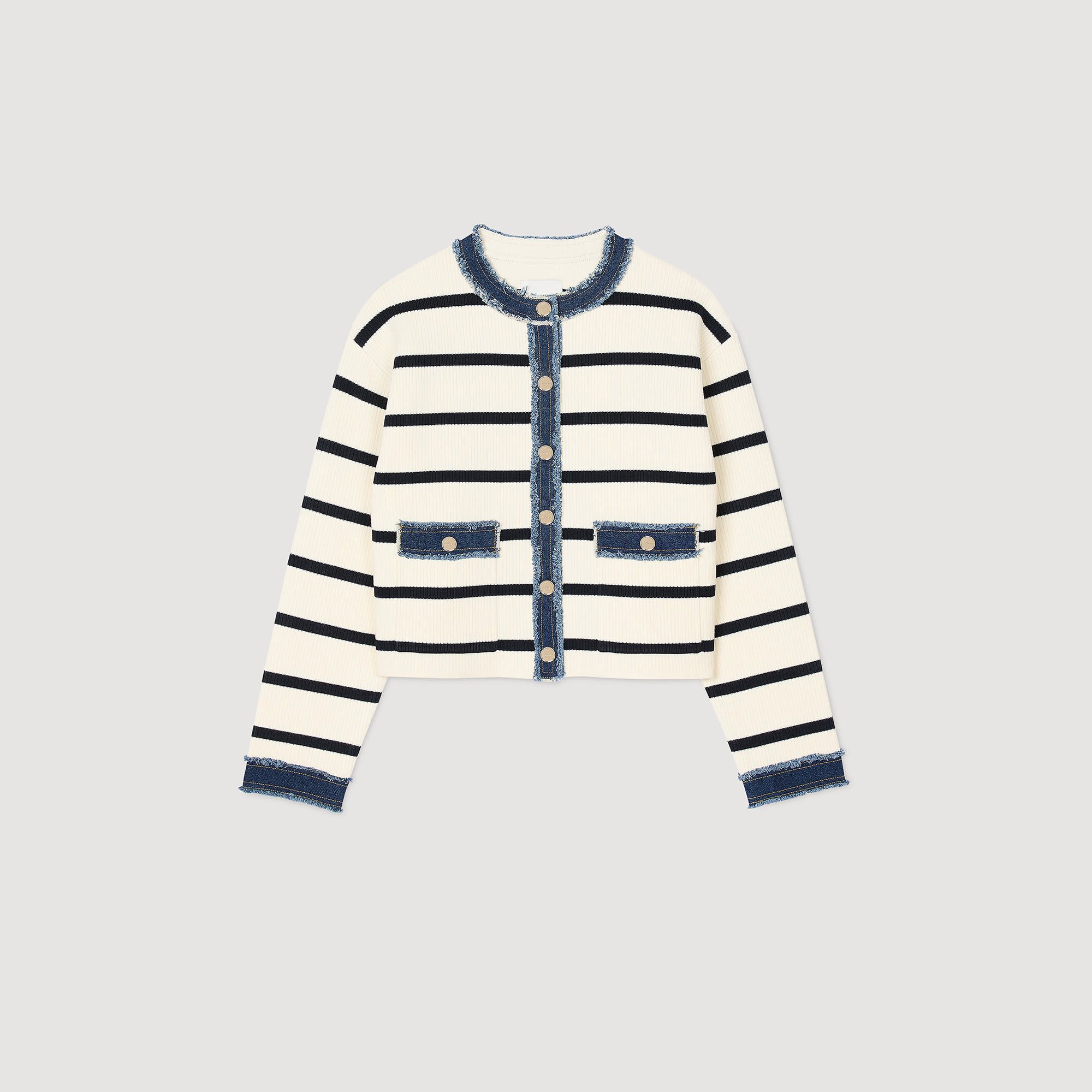 Streifen-Cardigan mit Denim-Details