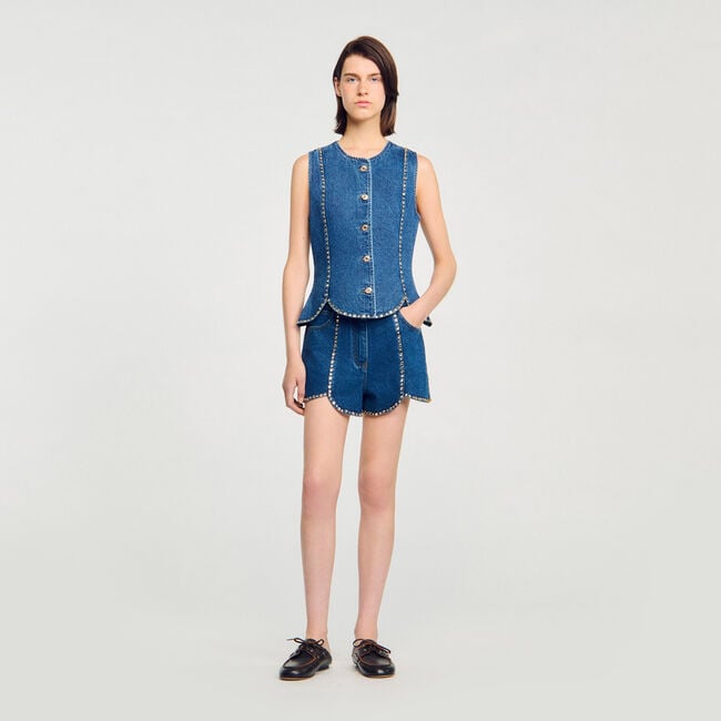 Top aus Denim mit Strass