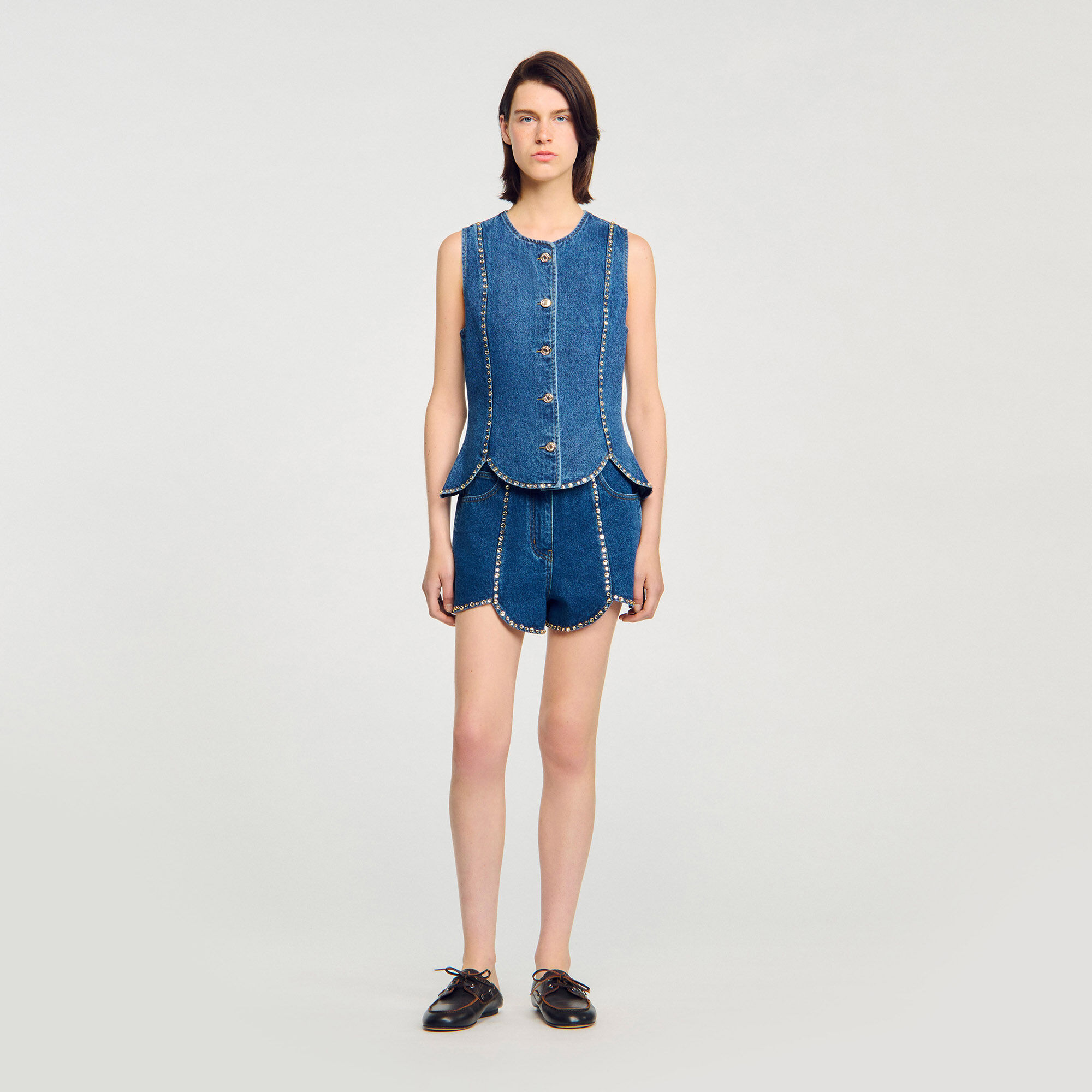 Top aus Denim mit Strass