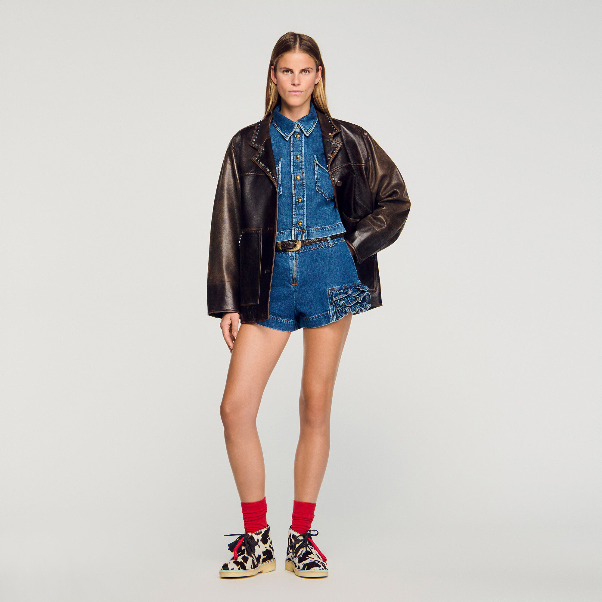 Shorts aus Denim mit Volants