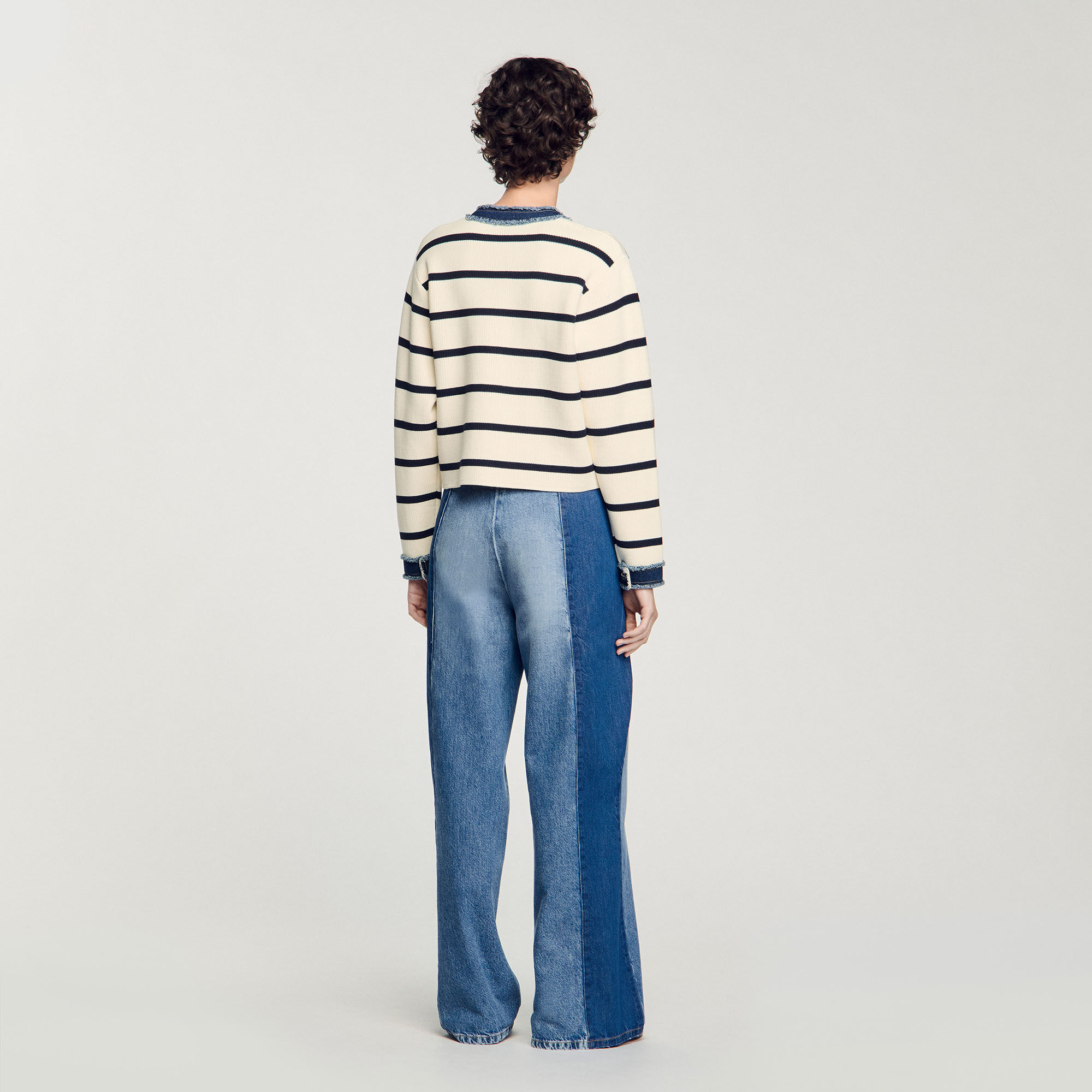 Streifen-Cardigan mit Denim-Details