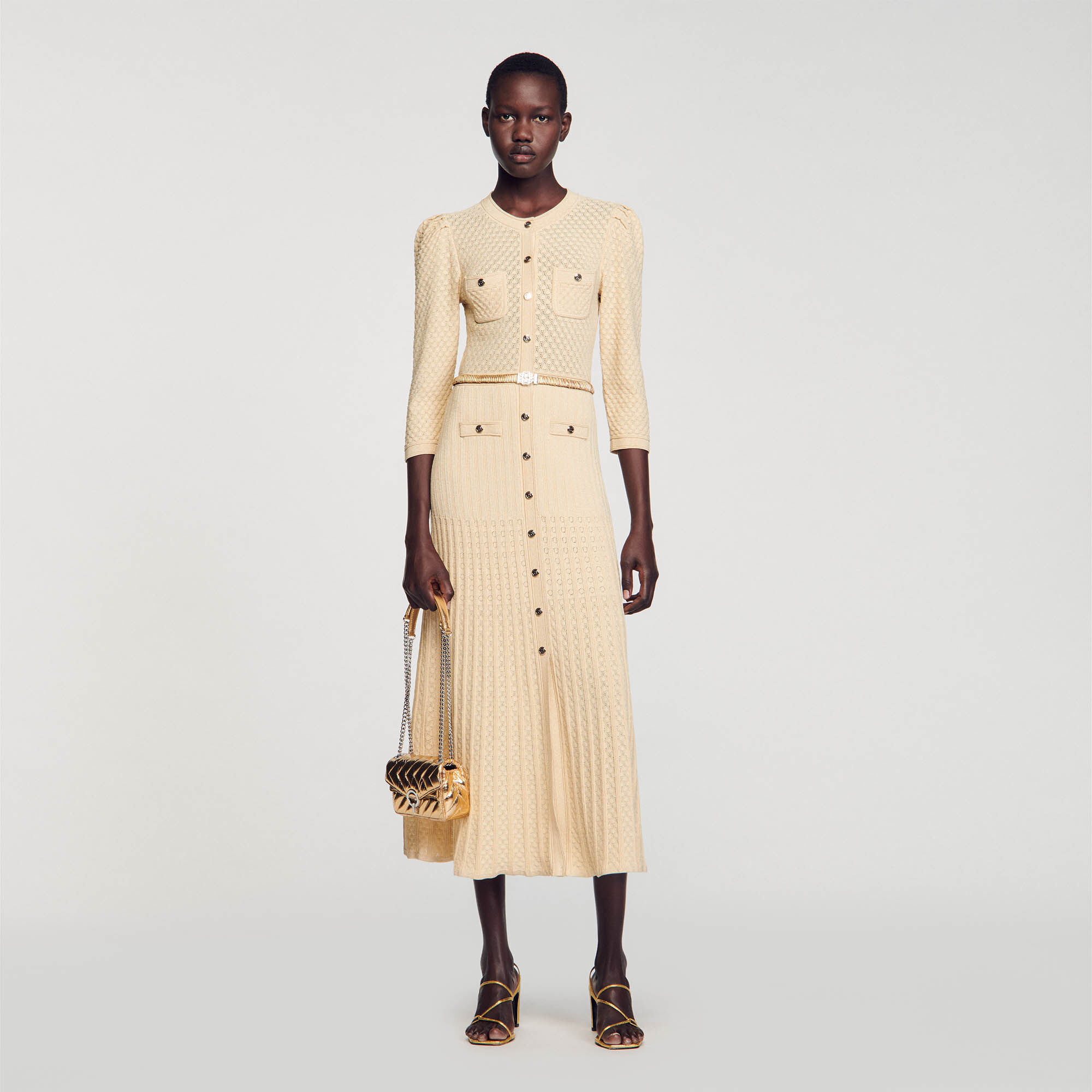 Midi-Kleid aus Pointelle-Strick gelb / orange für Damen | Sandro Paris