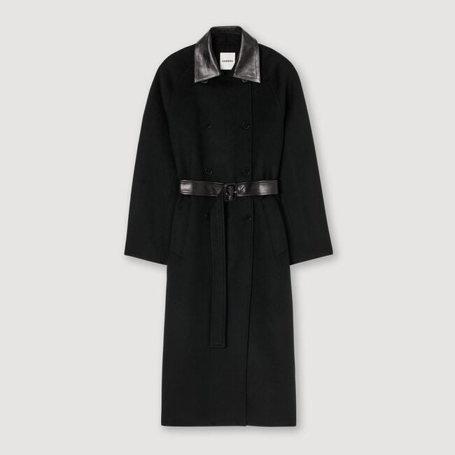 Langer Mantel aus Wolle und Leder