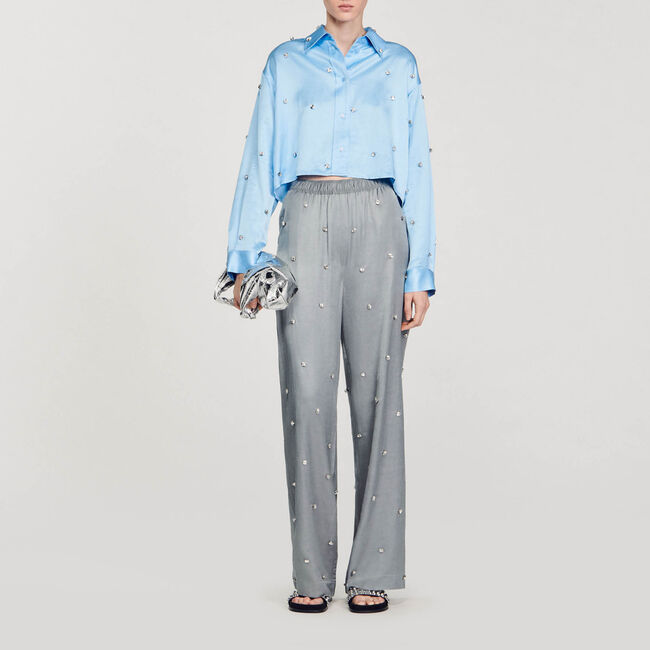 Hose aus Leinen mit Strass-Verzierung