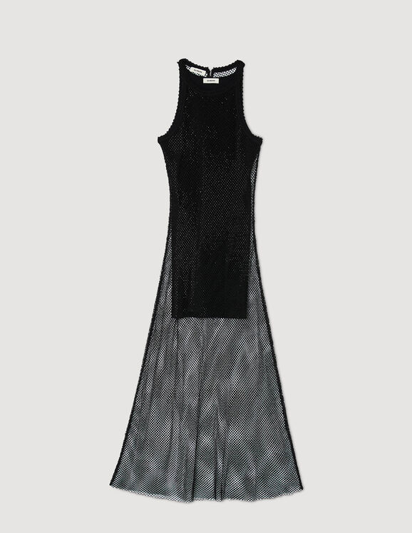 Langes Kleid aus glänzendem Netzgewebe Schwarz Femme