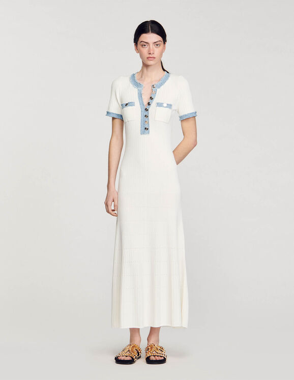 Midi-Kleid aus Strick und Denim Weiß Femme