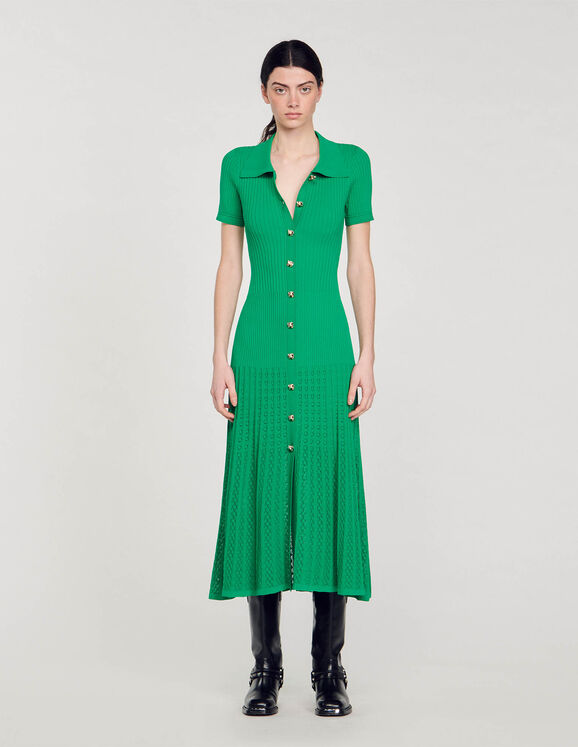 Langes Rippenstrick-Kleid Grün Femme