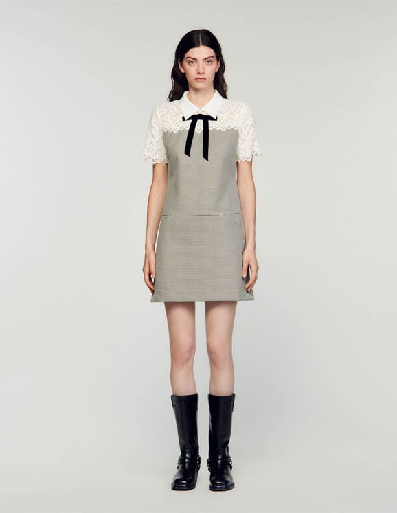 Kurzes Kleid aus Materialmix Noir / Blanc Femme