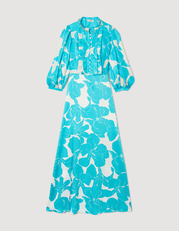 Langes fließendes Kleid mit Blumen-Print Turquoise / Blanc Femme