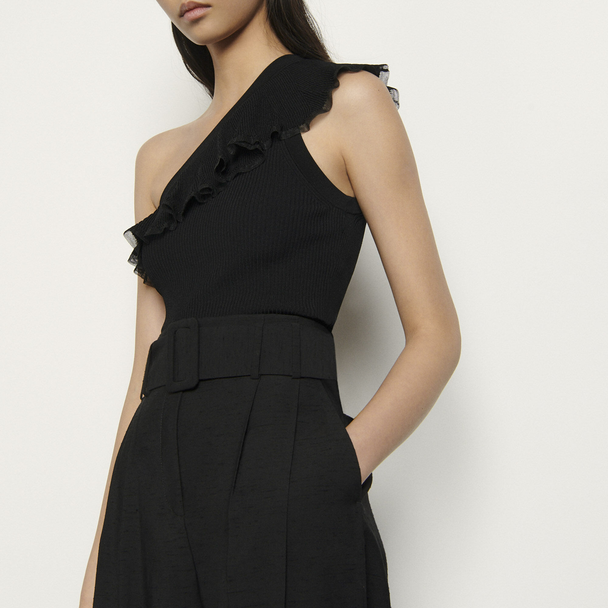 Click to view more detailed imagery on our partner's website Sandro Asymmetric Knit Top In Noir