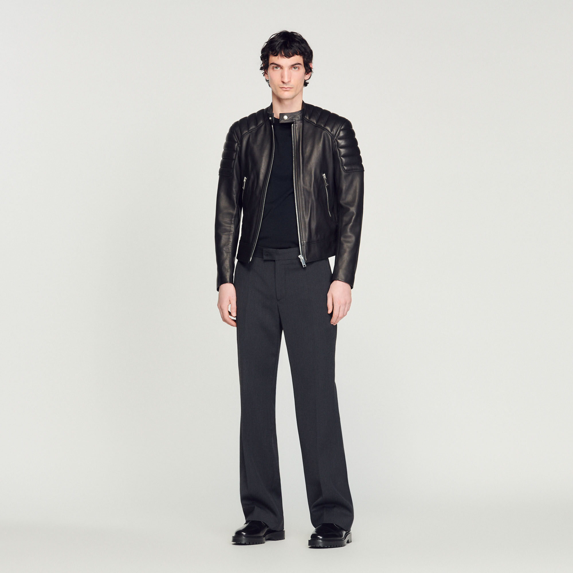 Sandro Leather Jacket With Quilted Trims In Black