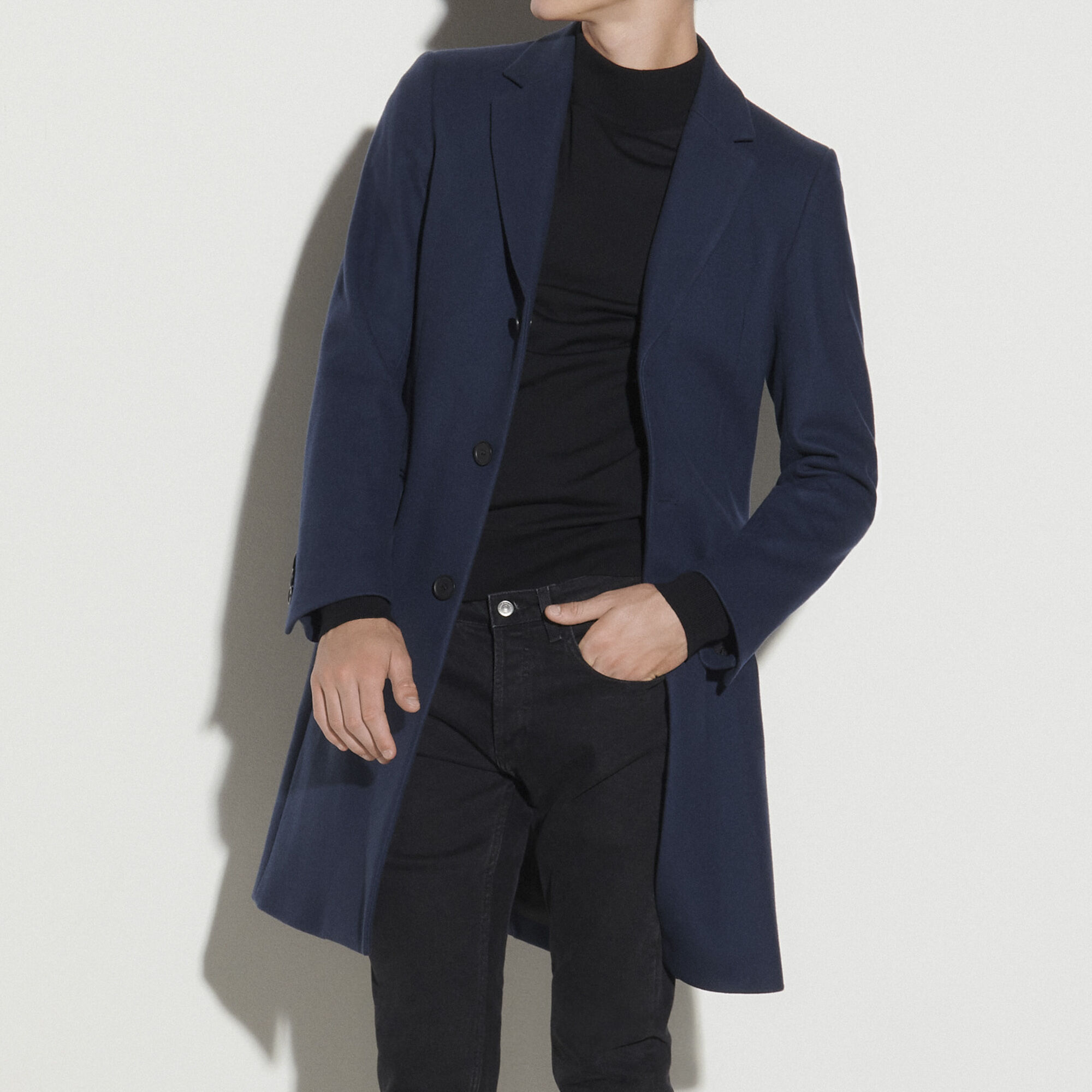 Sandro Long Coat Fastened With Three Buttons In P ©trol Blue