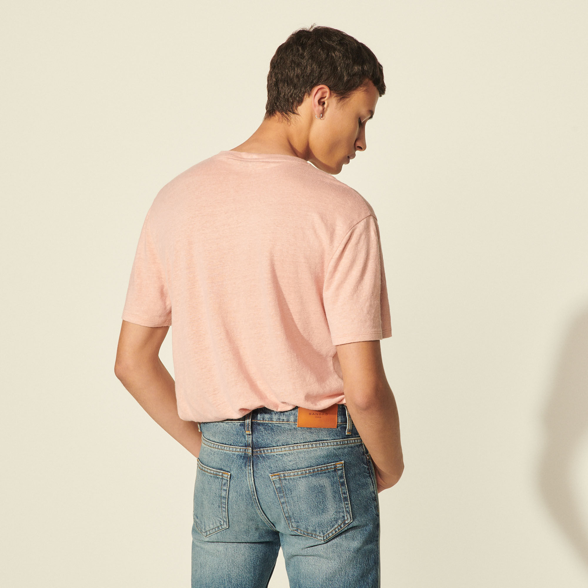 Sandro Linen T-shirt In Peach Pink